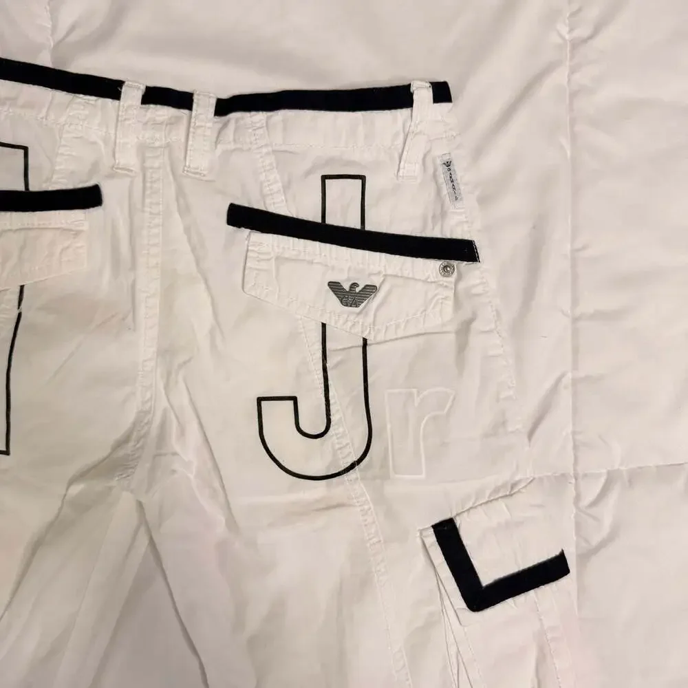 Armani Junior Boys White Cargo Shorts Navy Trim A Jr Logo Size 8A 130cm